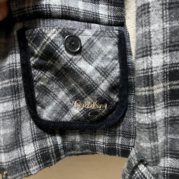 Billabong Coat Black Gray Plaid Wool Blend Faux Fur Hooded Jacket Sz S - Picture 10 of 12